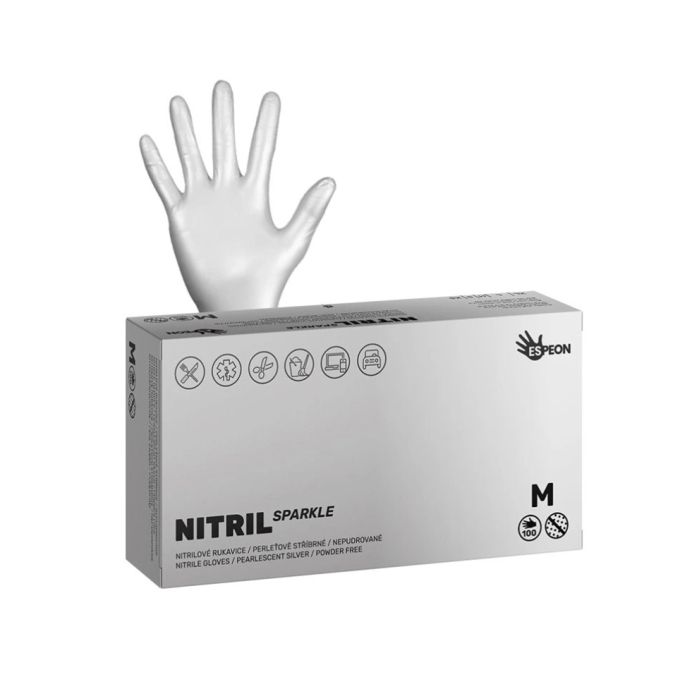 Espeon Nitril Sparkle nitrilové rukavice perleťově stříbrné M